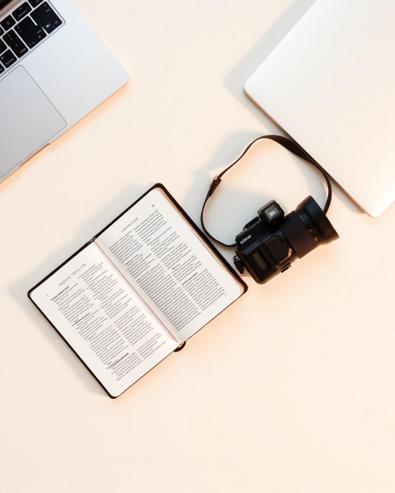 An open Bible beside a camera and laptop in a sunlit creative workspace